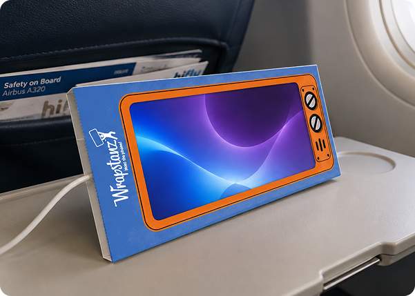 A Wrapstanz display on an airplane tray table