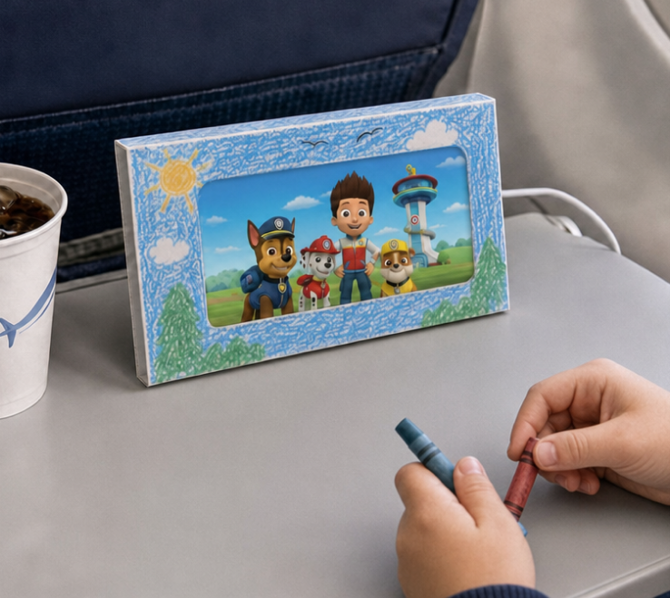 A child coloring beside a Wrapstanz display on an airplane tray table